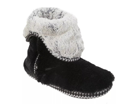 Black slipper with white fuzzy top on a white background