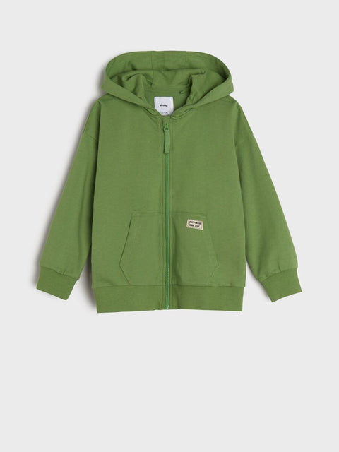 Green hoodie with a brand logo on a light gray background