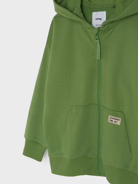 Green hoodie with a brand label on a white background