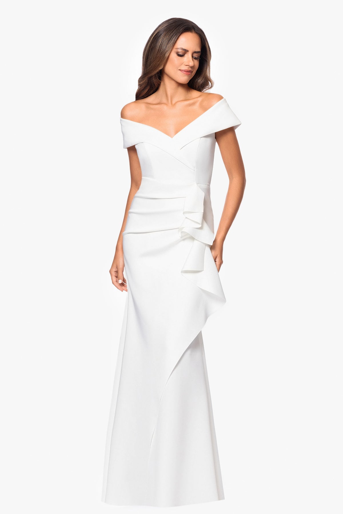 Xscape Women's White Evenings Patti Off the Shoulder Techno Scuba Dress | Xscape In Lebanon