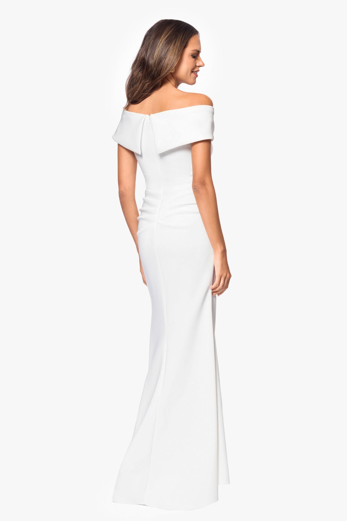 Xscape Women's White Evenings Patti Off the Shoulder Techno Scuba Dress | Xscape In Lebanon