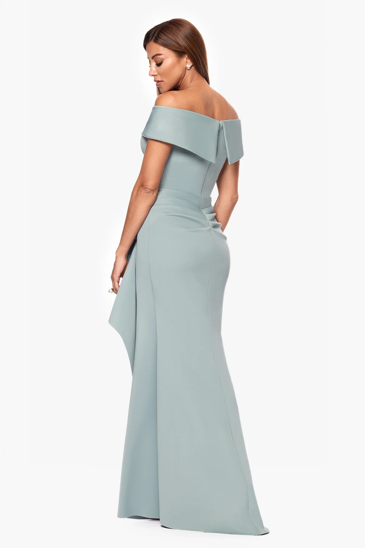 Xscape Women’s Sage Plus Size Petite Off-The-Shoulder Ruched Ruffle Dress | Xscape in Lebanon