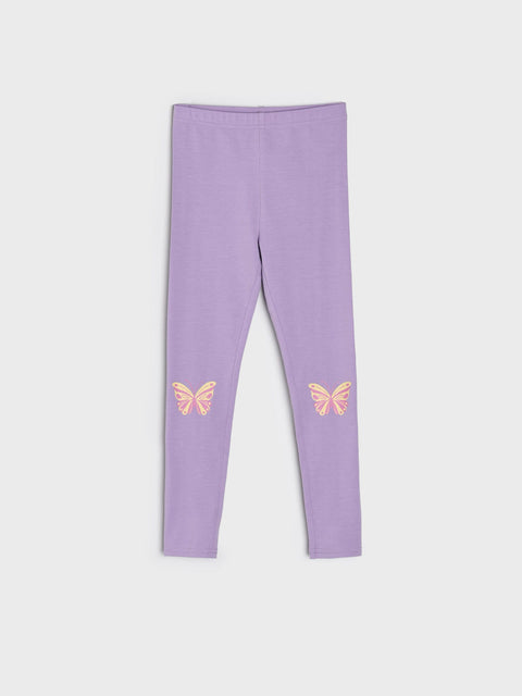 Purple leggings with butterfly designs on a white background