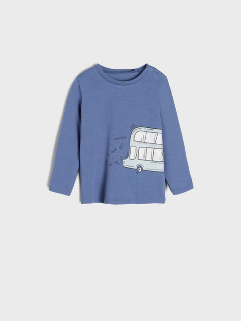 Blue long-sleeve shirt with a bus graphic on a light gray background