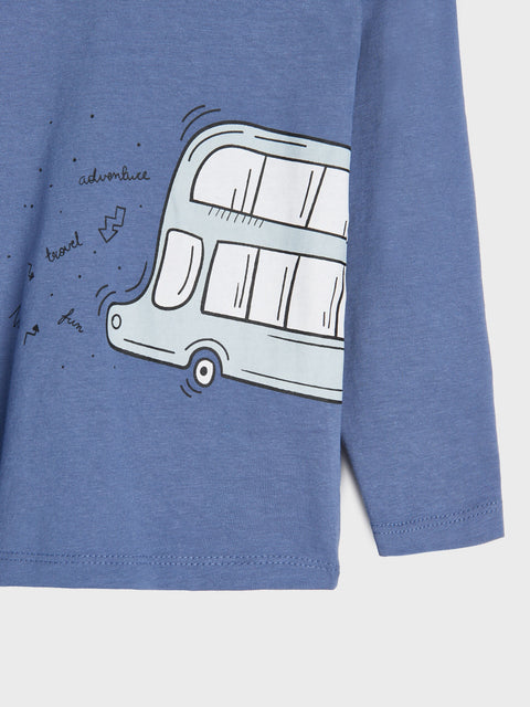 Blue long-sleeve shirt with a white bus graphic on a white background