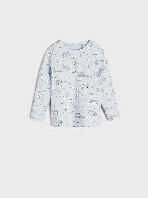 Light blue long-sleeve shirt with pattern on a white background