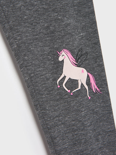 Gray leggings with a unicorn design on a white background