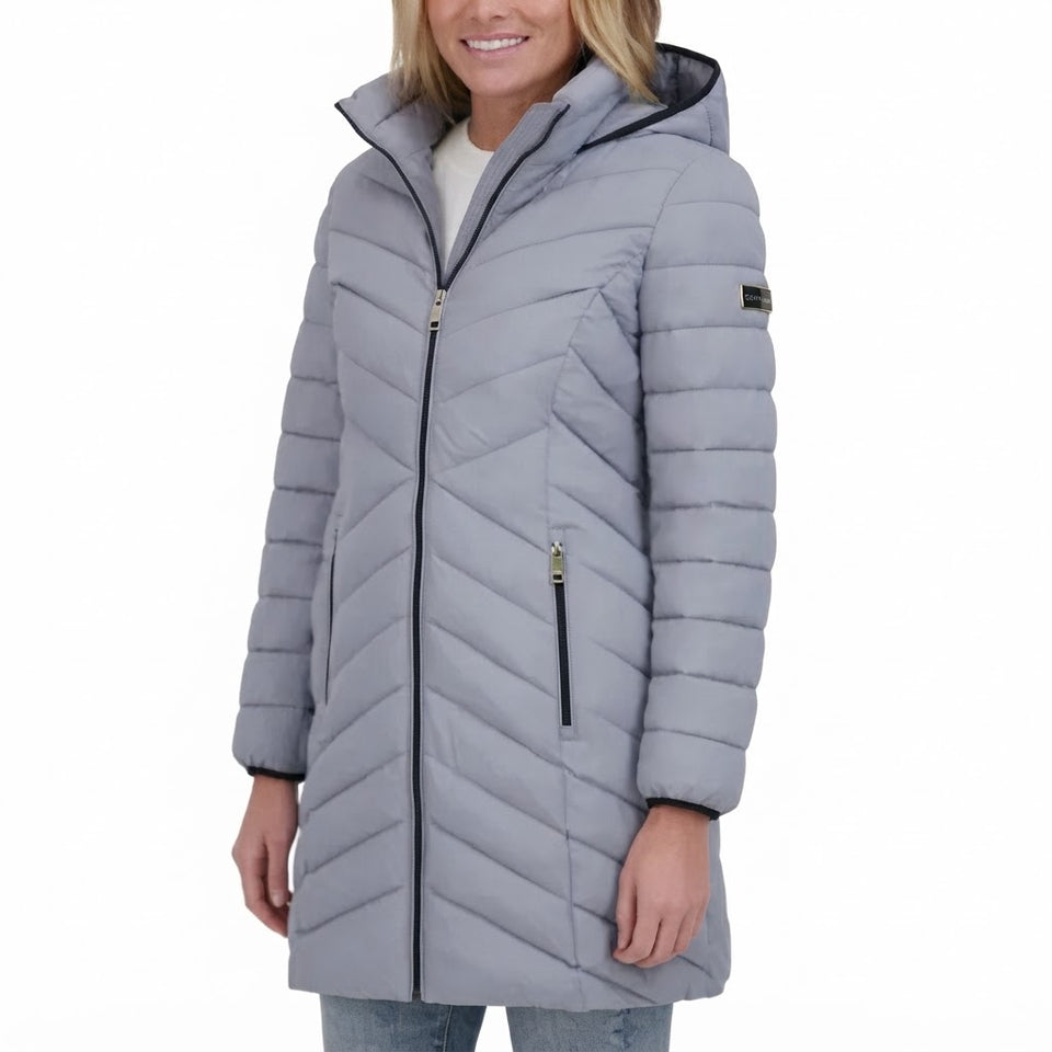 DKNY Women's Dusty Blue Hooded Puffer Coat