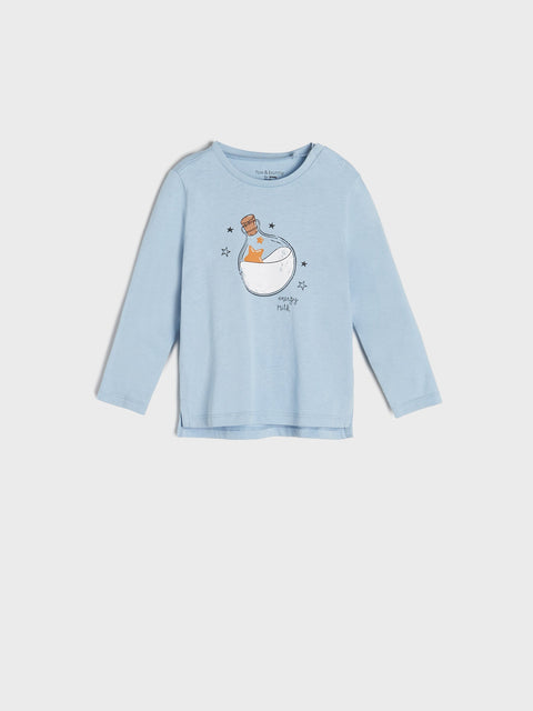 Light blue long-sleeve shirt with a graphic on a white background