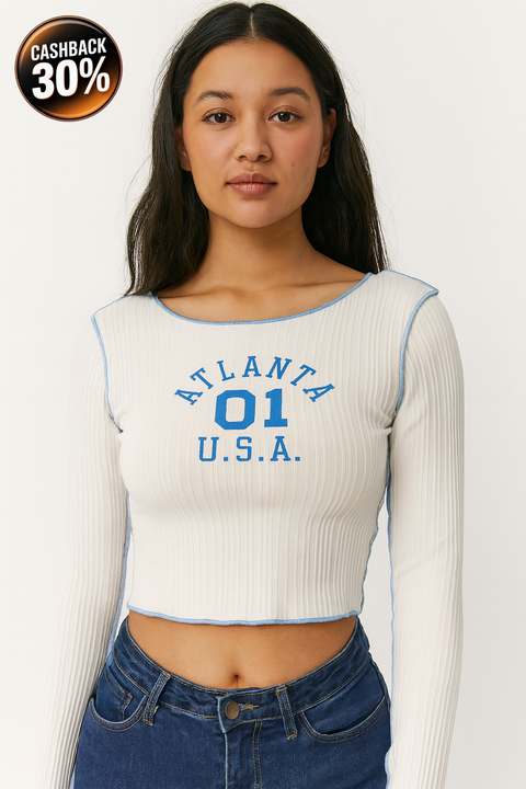 Forever 21 Women's White & Blue Chest Printed Long Sleeve Blouse | Forever 21 In Lebanon