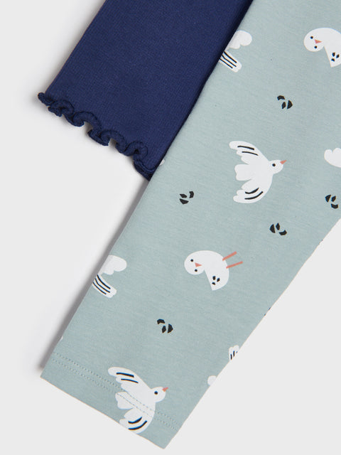 Two fabric swatches, one navy and one light blue with bird patterns, on a white background.