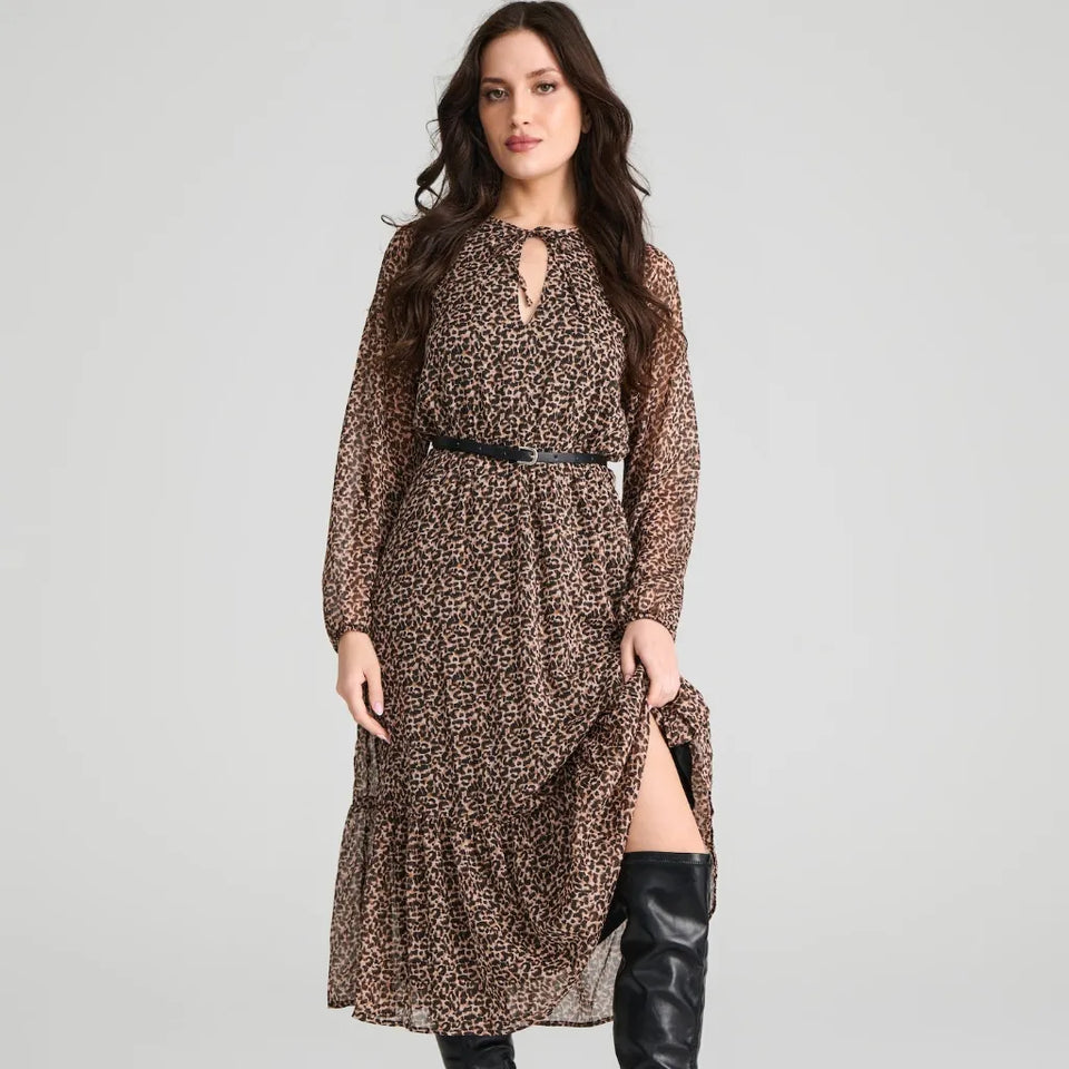 Sinsay Women's Brown Long Sleeve Ruffled All Over Leopard Printed Dress