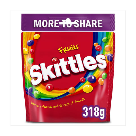 Skittles candy package with colorful design and text on a white background