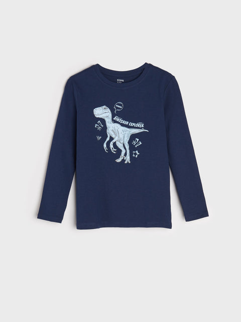 Navy blue long-sleeve shirt with a dinosaur graphic on a light gray background