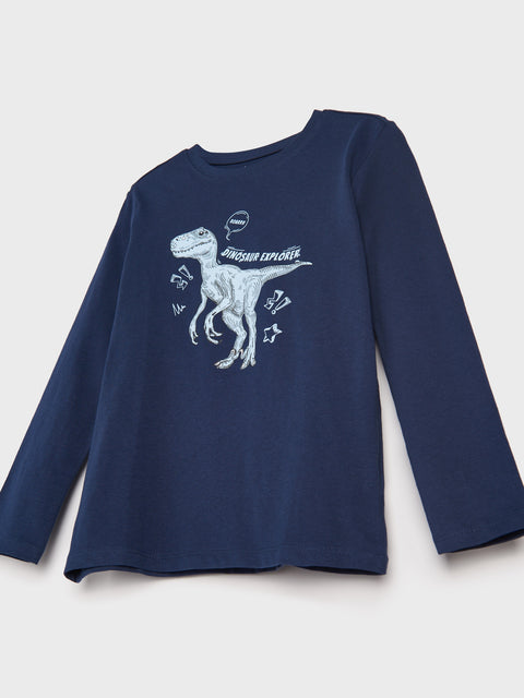 Navy blue long-sleeve shirt with a dinosaur graphic on a light gray background