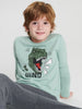 Child wearing a light blue long-sleeve shirt with a dinosaur graphic and 'Dino' text on a white background