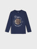 Navy blue long-sleeve shirt with basketball graphic and text on a light gray background
