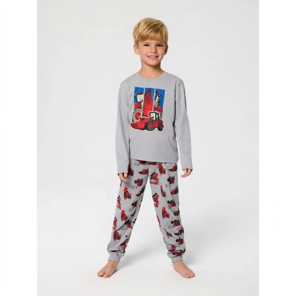 A young boy modeling a two-piece gray pajama set featuring a graphic print of a red race car on the chest and an allover red race car pattern on the pants, set against a plain light gray background.