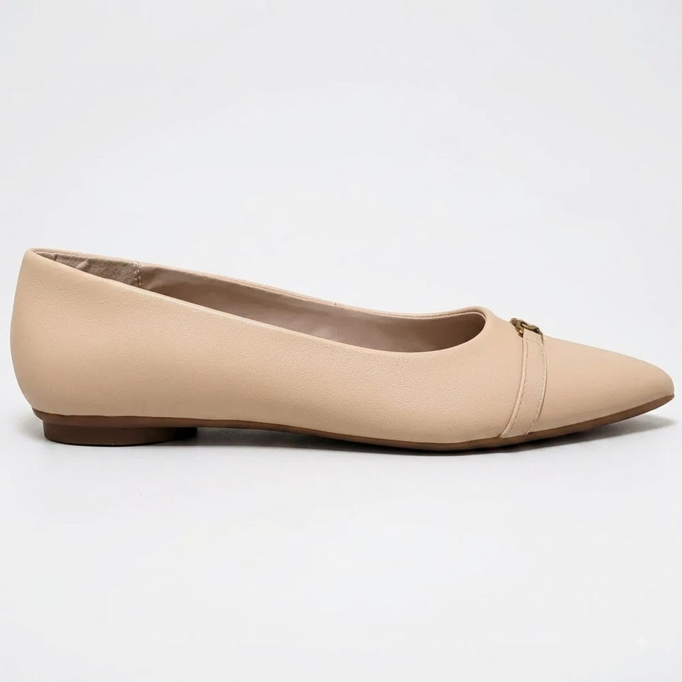 A single beige pointed-toe flat shoe with a small gold decorative accent on the vamp, shown in profile against a plain white background.