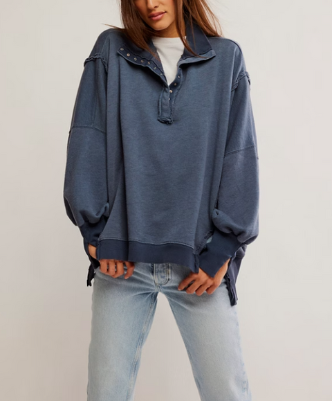Free People Women's Navy Camden Oversize Henley Sweatshirt | Free People In Lebanon
