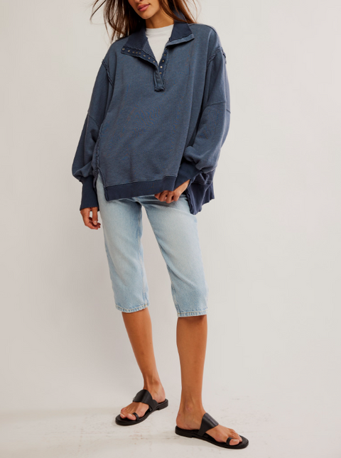 Free People Women's Navy Camden Oversize Henley Sweatshirt | Free People In Lebanon