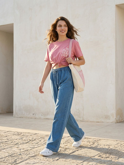 Sinsay Women's Blue Wide Leg Jeans With Elastic Waistband | Sinsay In Lebanon