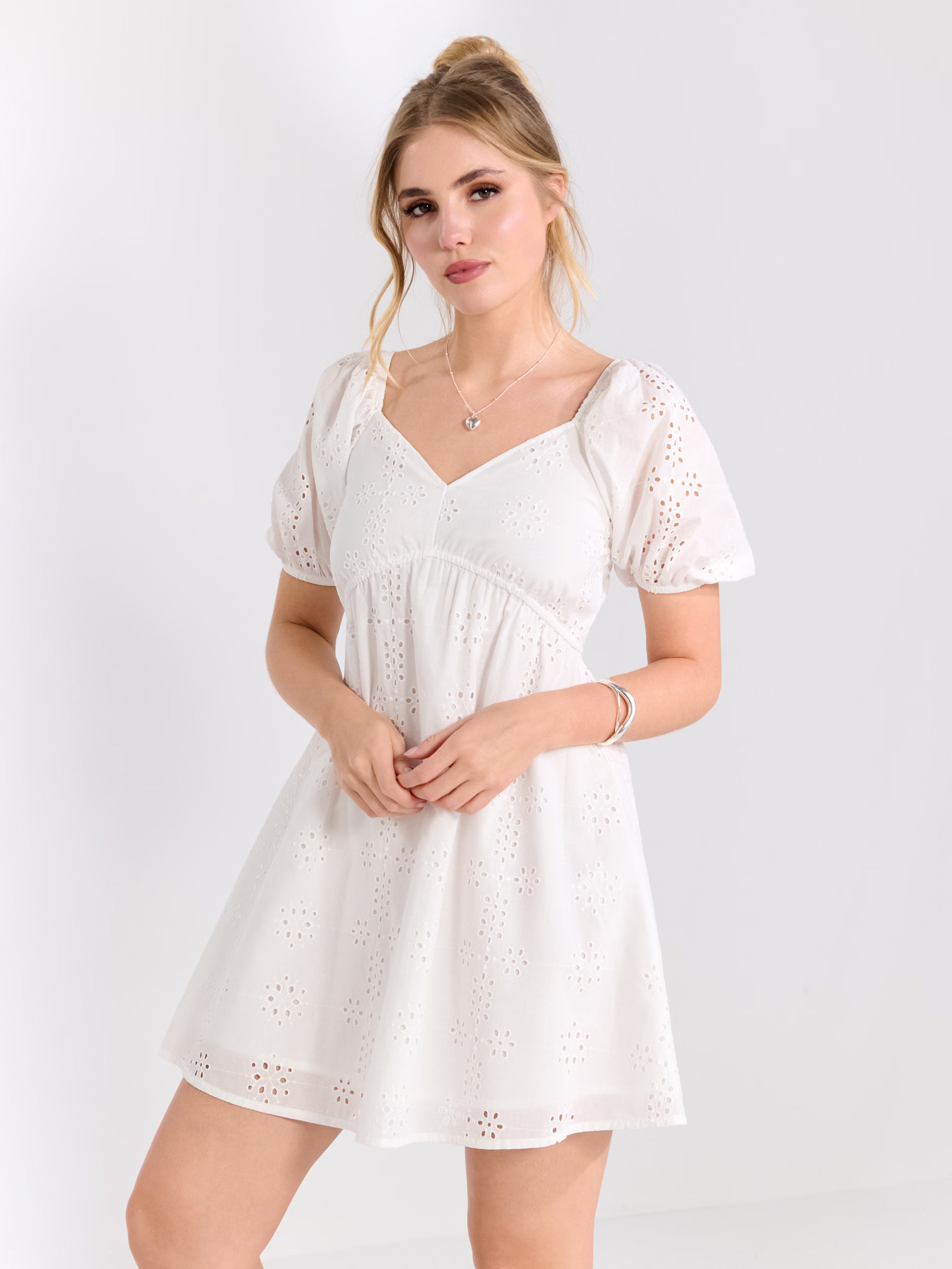 Sinsay Women's White Mini Dress With Puff Sleeves | Sinsay In Lebanon