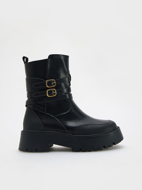 Reserved Women's Black Leather Ankle Boots With Straps | Reserved In Lebanon