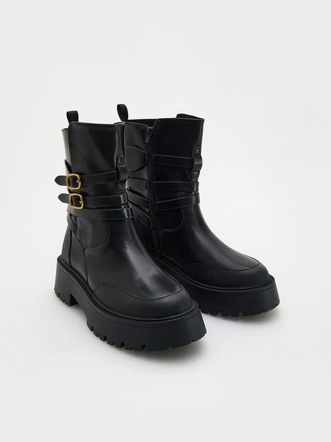 Reserved Women's Black Leather Ankle Boots With Straps | Reserved In Lebanon