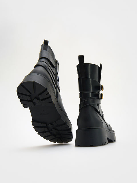 Reserved Women's Black Leather Ankle Boots With Straps | Reserved In Lebanon