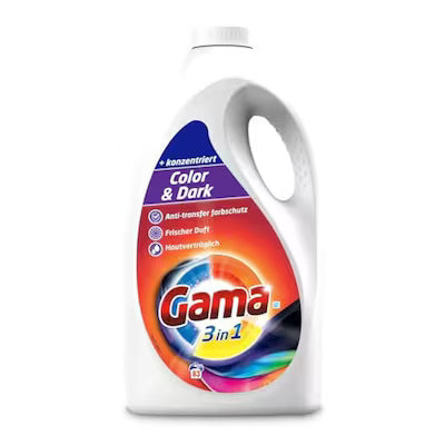 Gama laundry detergent bottle with colorful label on a white background