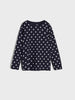 Navy blue long-sleeve shirt with white polka dots on a light gray background