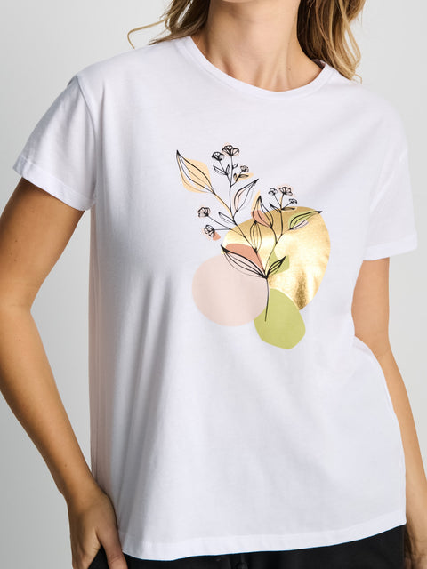 Sinsay Women's White Short-Sleeve Round-Neck T-Shirt With A Print | Sinsay In Lebanon