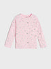 Pink long-sleeve shirt with small floral pattern on a light pink background