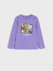 Purple long-sleeve shirt with construction-themed graphic on a light gray background