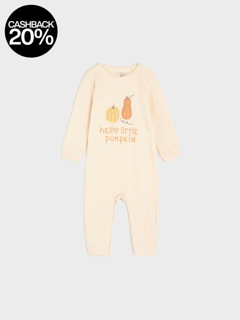Baby onesie with 'hello little pumpkin' text and pumpkins on a light gray background
