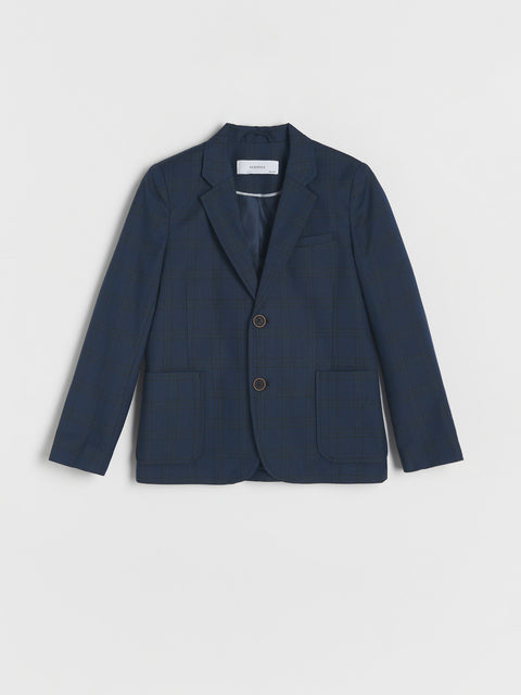 Navy blue blazer on a light gray background