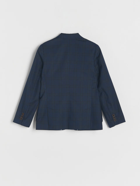 Navy blue blazer on a light gray background