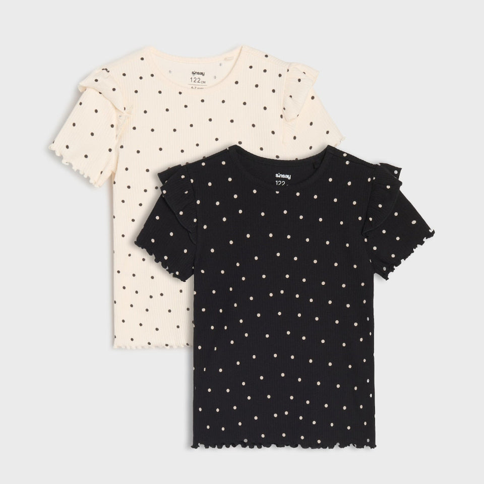 Sinsay Girl's Black & Cream Polka Dots Ruffled Pack Of 2 T-Shirt