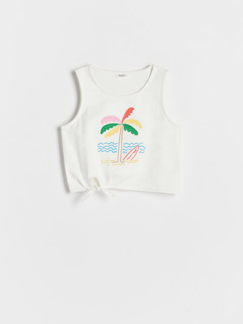 White tank top with palm tree and surfboard design on a white background