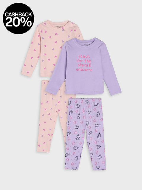 Children's pajama set with pink and purple designs on a white background