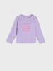 Purple long-sleeve shirt with pink text on a white background