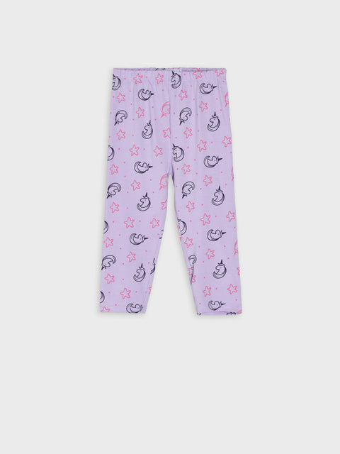 Lavender leggings with unicorn and star pattern on a white background