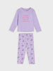 Purple pajama set with text and unicorn pattern on a light gray background