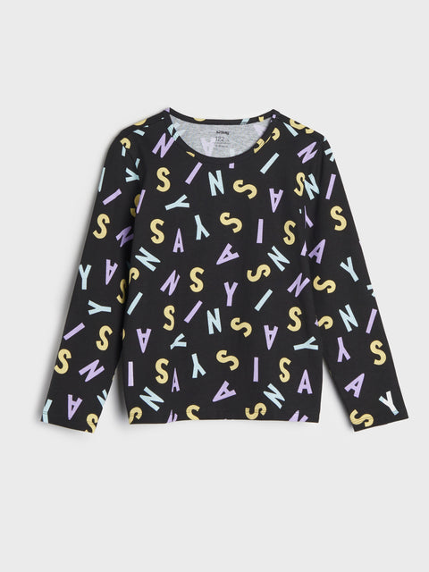 Black long-sleeve shirt with colorful letter pattern on a white background
