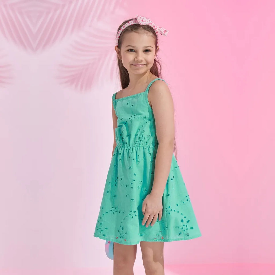 Sinsay Girl's Turquoise Eyelet Embroidered Sleeveless Dress