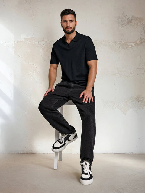 Sinsay Men's Black Knitted Short Sleeve Polo T-Shirt | Sinsay In Lebanon