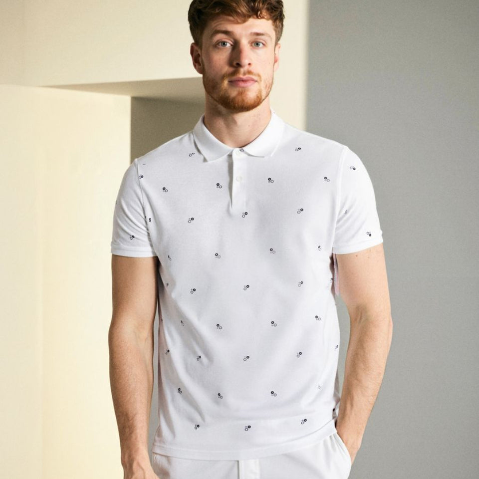 Sinsay Men's White All Over Print Short Sleeve Polo