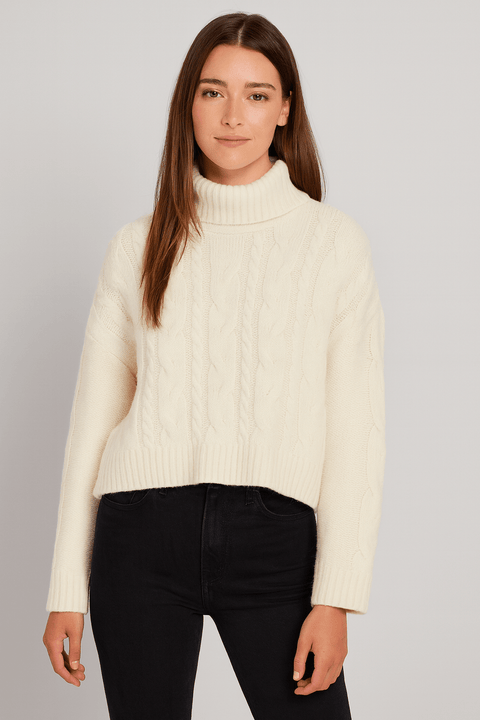 Pink Rose Women's White Cable Knit Turtleneck Pullover Blouse | Pink Rose In Lebanon