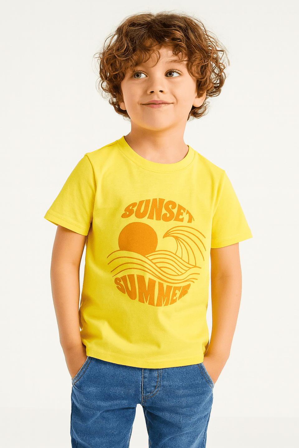 Child wearing a yellow t-shirt with 'Sunset Summer' design on a white background